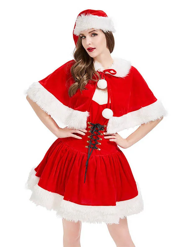 Mrs Claus Costume Cute Santa Dress Womens Christmas Cloak Skirt-elleschic