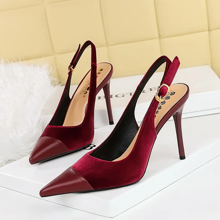 Colourp Colourp High Heels Women's Shoes Shallow Mouth West Velvet And Thick Suede Stitching Tip Back Empty Hollow Back Trip Strip Single Shoes