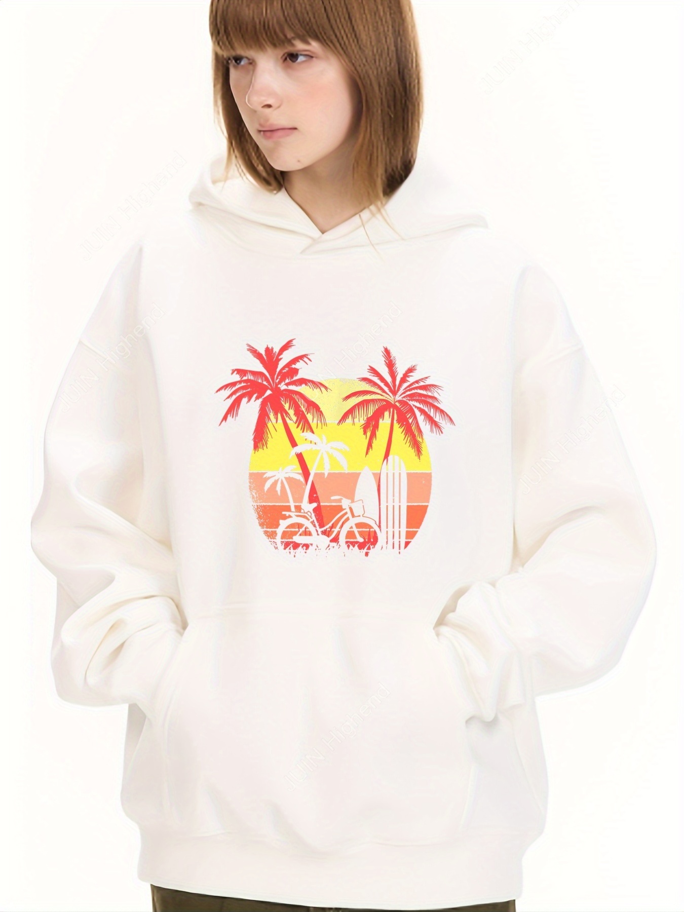 Women's Summer Beach-Themed Hoodie - Tropical Palm Sunset Design With Palm Trees & Ocean Waves, Adjustable Drawstring Hood, Lightweight 400g Polyester Sweatshirt For, Home & Outdoor, Beach Clothe | IFYHOME