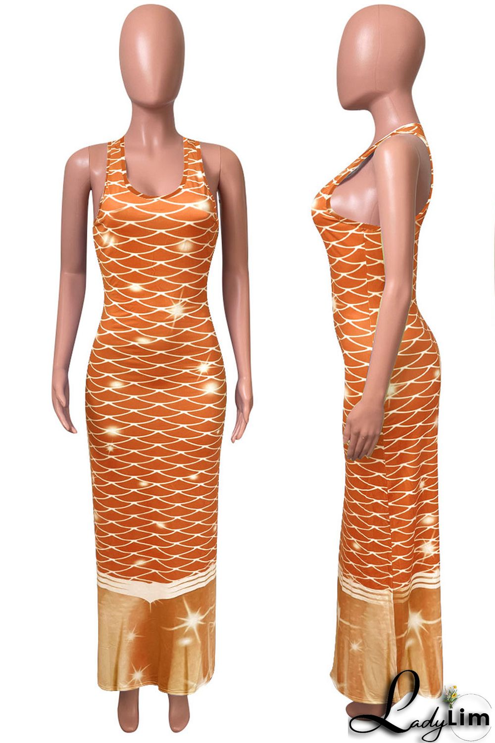 Tangerine Red Casual Print Split Joint U Neck Vest Dress Dresses