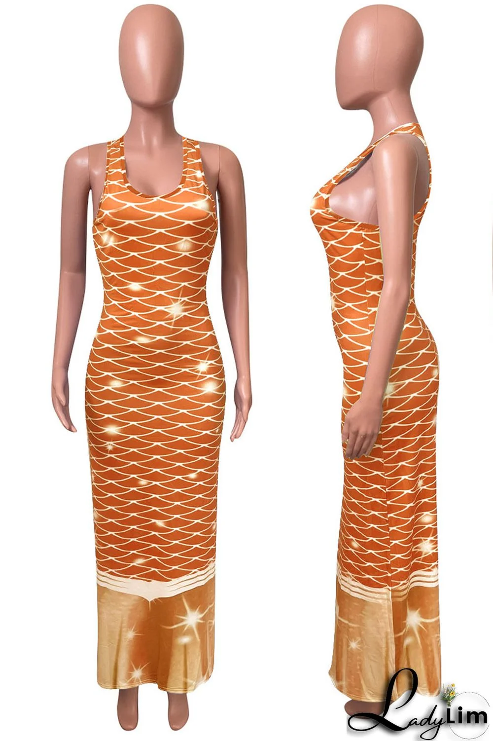 Tangerine Red Casual Print Split Joint U Neck Vest Dress Dresses