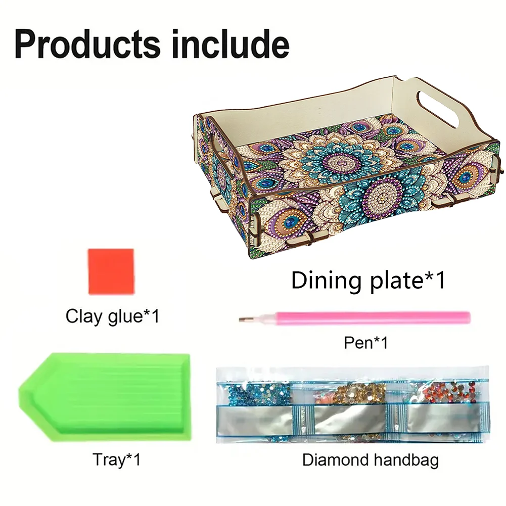 5D DIY Mandala Diamond Painting Wooden Serving Tray with Handle for Coffee Table
