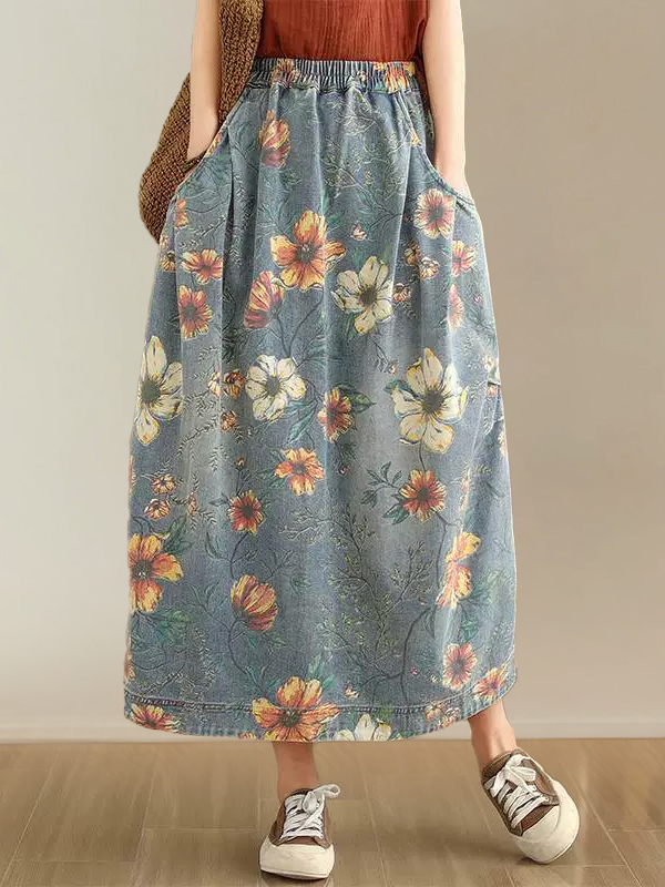 Vintage Loose Casual Printed Denim Skirt