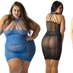 pornhint Pornhint US Size 2-24 Criss Cross Straps Dress Bodycon Plus Size Fishnet BBW Suspenders Clubwear Sheer Stretchy See Though Lingerie Curve