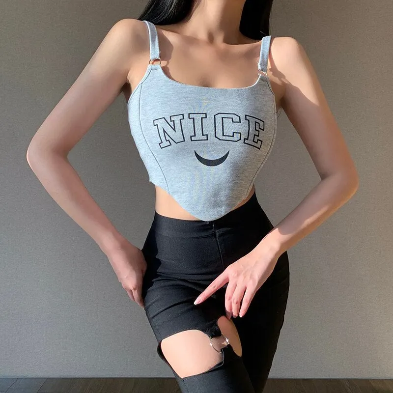 InsGoth Punk Y2K Letter Print Grey Tanks Streetwear E Girl Sexy Backless Bodycon Tank Top Harajuku High Street Basic Crop Tops