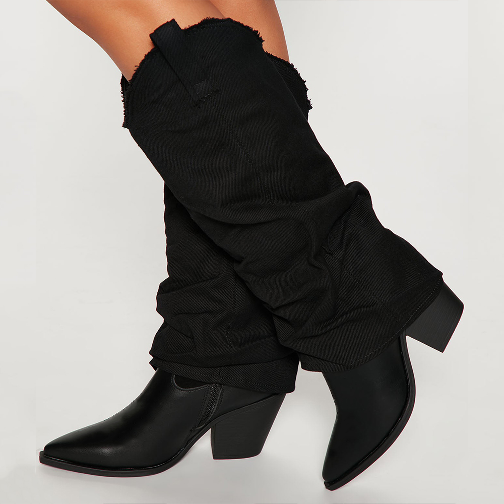 Stylish Black Pointed Toe Slouchy Fold Over Western Boots for Women Nicepairs