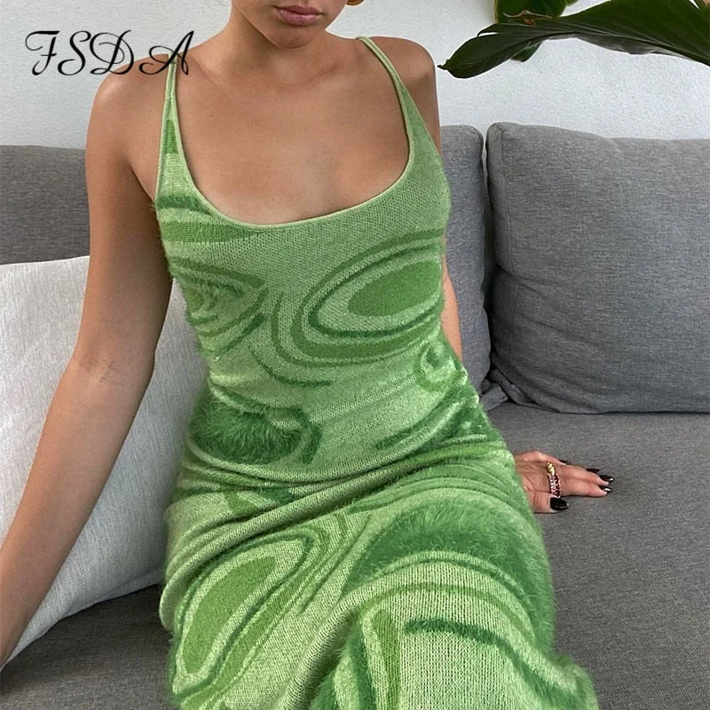 FSDA 2021 Print Knit Bodycon Dress Women Green Y2K Summer Hollow Out Sexy Sleeveless Spaghetti Strap Beach Midi Dresses Party