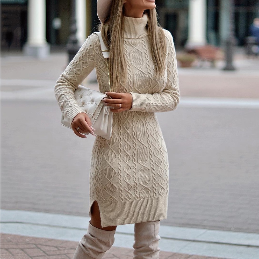Turtleneck knitted Sweater Dress Women Winter Pullover Short Dresses