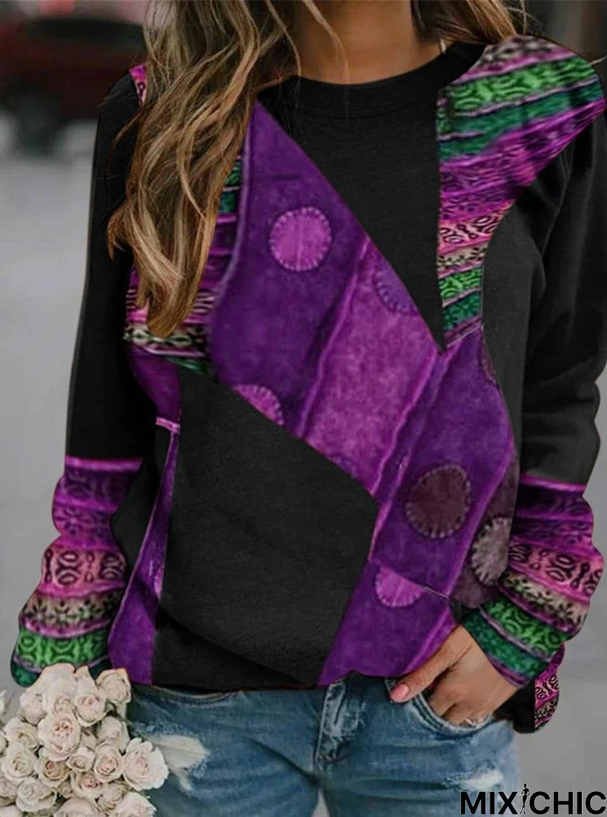 Retro Print Round Neck Long Sleeve Sweater