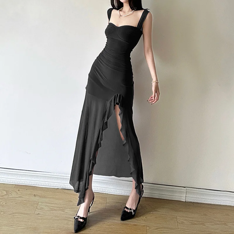 Uveng Spring 2024 New Women's Sexy Babes Sling With Chest Open Fork And Hips Long Dress
