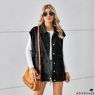 Pocketed Button Up Sleeveless Denim Jacket