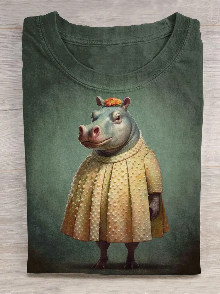 Funny Hippo Cute Lady Hippopotamus Art Pattern Print Casual T-shirt