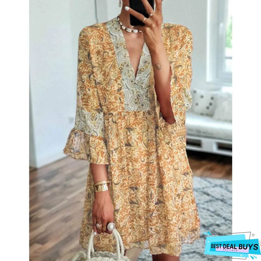 V-Neck Print Stitching Loose Cropped Flared Sleeve Dress