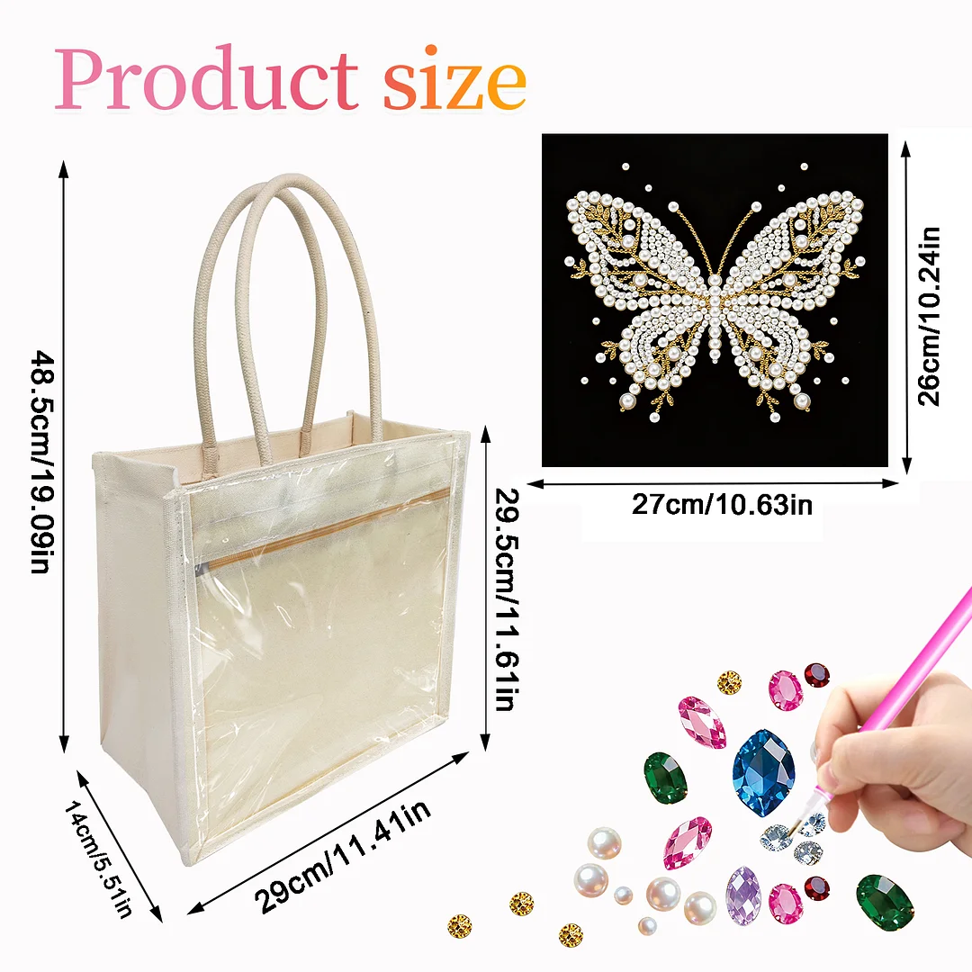 Pearl Butterfly DIY Diamond Painting Shopping Bag Crystal Painting Linen Tote Bags Waterproof Multi-Pocket Diamond Tote Handbag Large Capacity for Adults Beginners