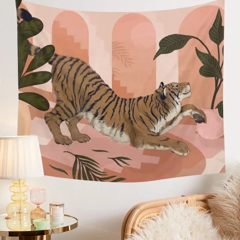Pink Tiger Tapestry Ainmal Plant Cartoon Dorm Room INS Painted Tapestry Wall Hanging Boho Decor Wall Cloth Tapestry Jungle Tiger