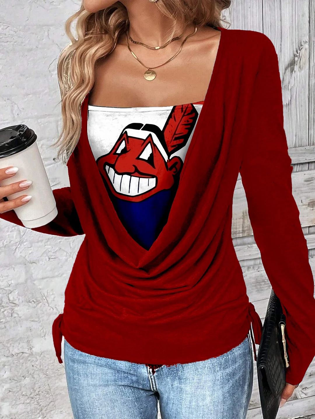 Contrast draped side drawstring T-shirt