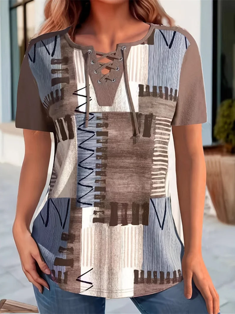 Women's Short Sleeve V-neck Striped Printed Graphic Tops