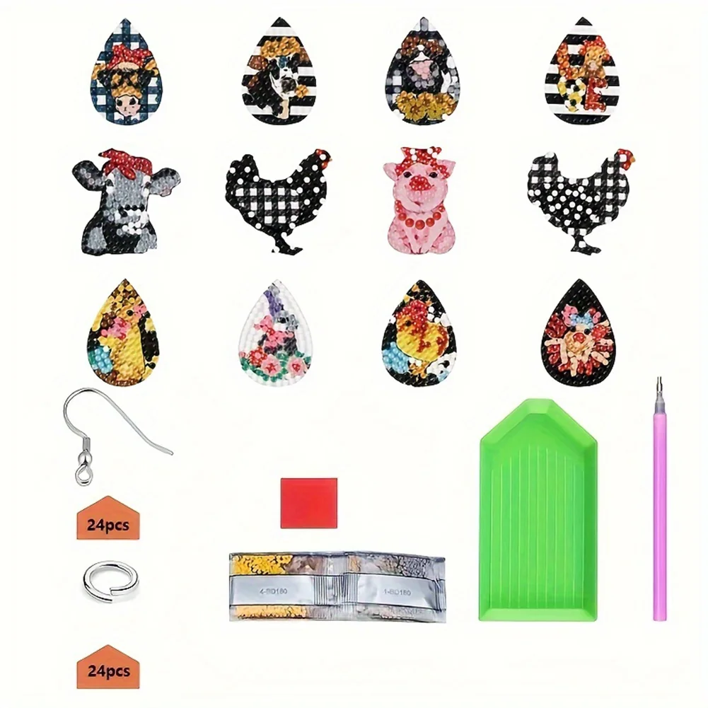 12Pairs DIY Double Sided Retro Pattern Holiday Diamond Art Earrings for Women Girls