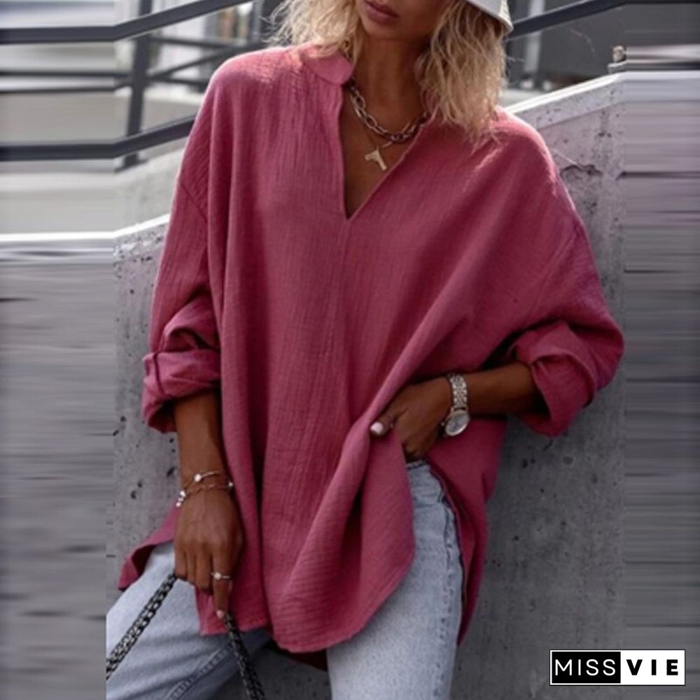 Women Autumn Casual Long Sleeve V-Neck Blouse Solid Color Loose Pullover Top Ladies Commuter Fashion Simple All-match Shirt