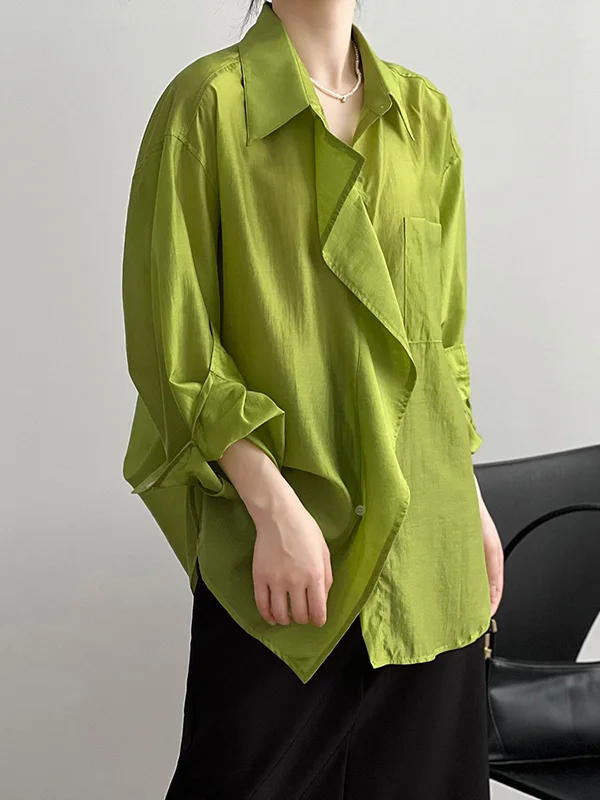 Irregular Clipping Long Sleeves Solid Color Lapel Blouses&Shirts Tops