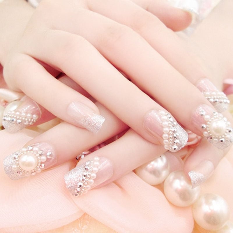 Hot Sell 24PCS/Sets Wedding Bride Fake Nails Crystal Pearl Rhinestone Nail Patch Full Nail Tips Fingernail Women Nail Art