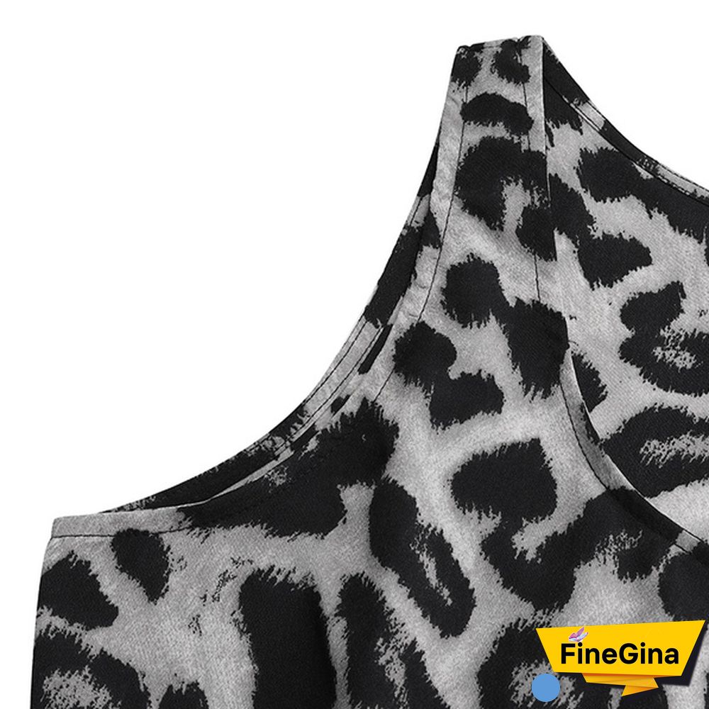 Women Summer Leopard Print Sleeveless Swing Long Dress Casual Fashion Loose Holiday A-line Dress Plus Size Vestidos