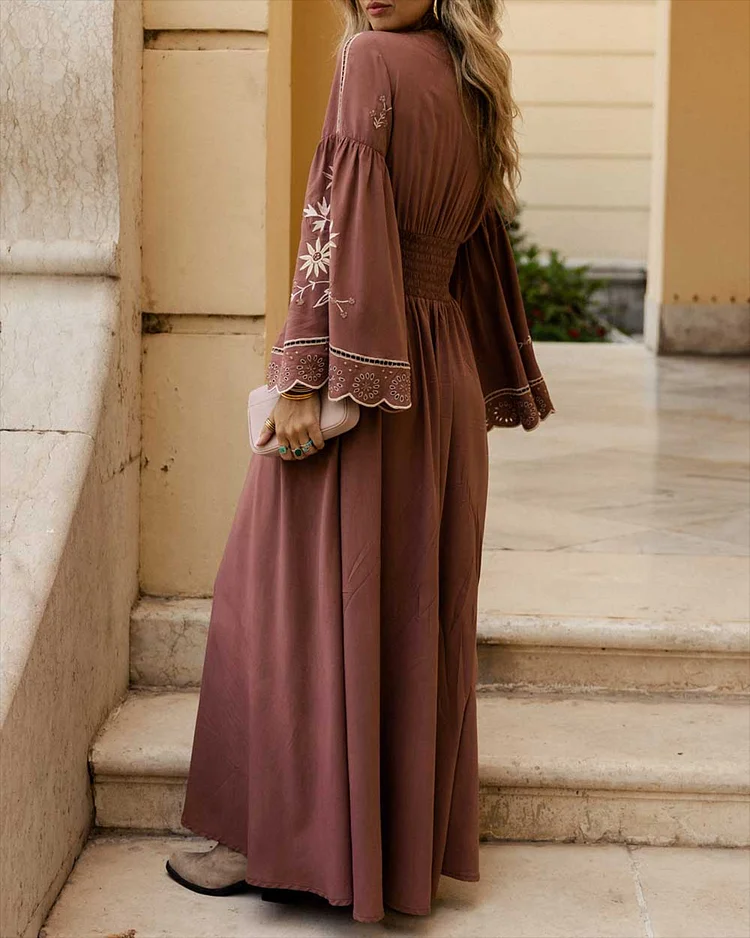 Women's V-neck long-sleeved embroidered Dress