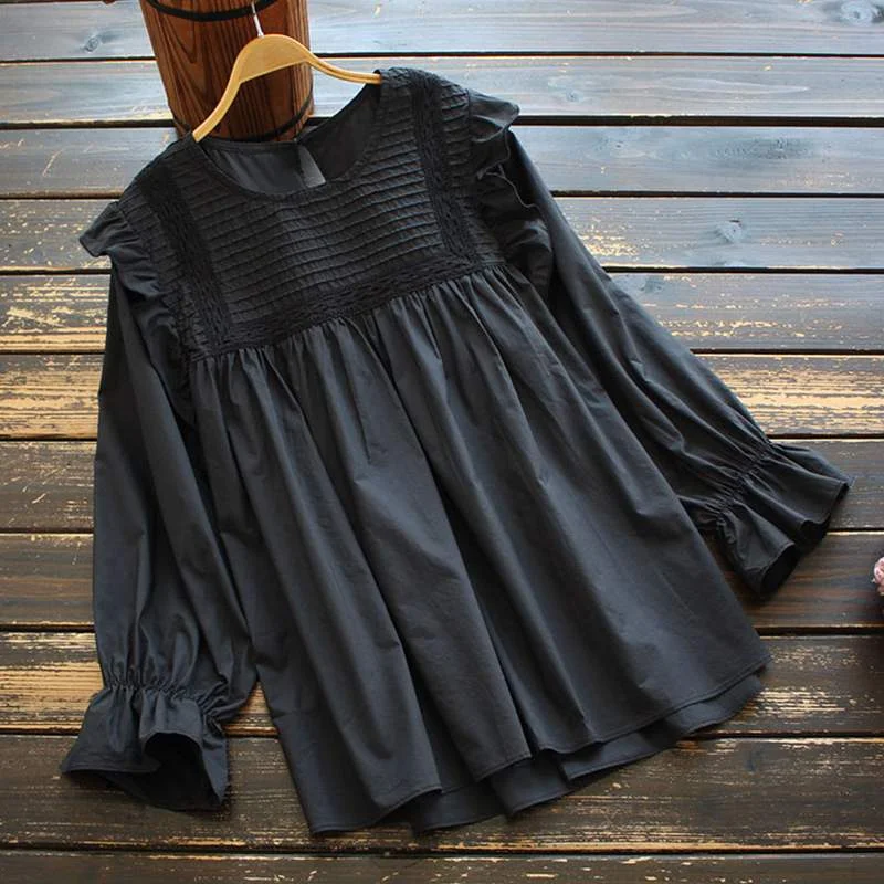 ZANZEA Casual Blouse Women Vintage Long Sleeve Ruffles Tops Spring Pleated Shirt Female Loose Solid Blusa Tunic Chemise Oversize