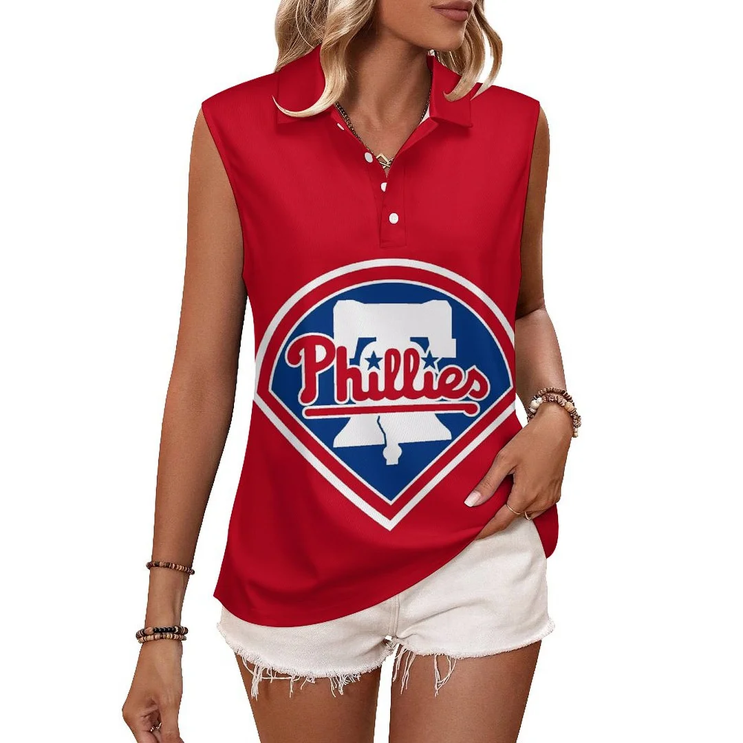V-neck Sleeveless Casual POLO Shirt Tank Top for Women Printed with Pattern Philadelphia Phillies, Blue, Red
