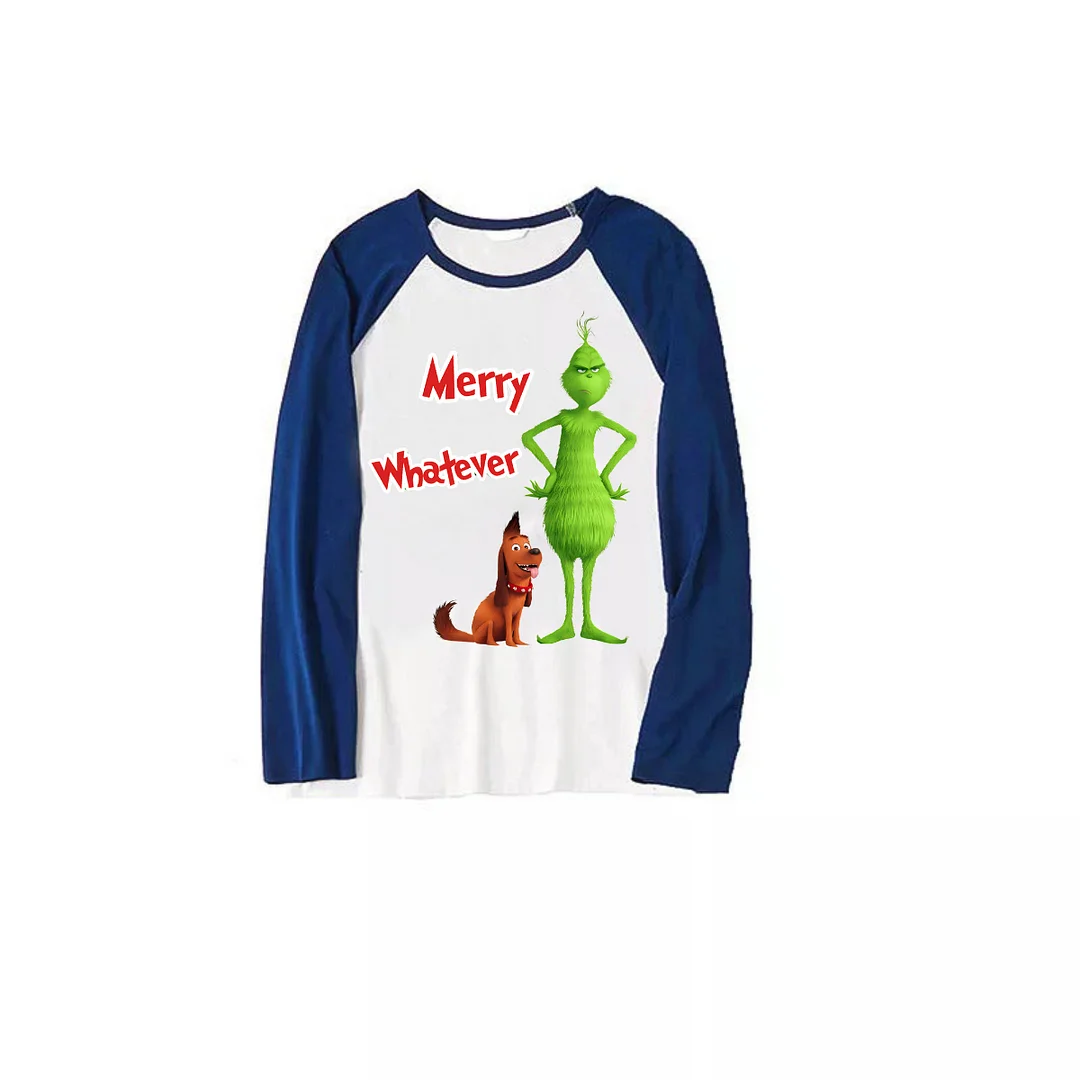 Cartoon Pattern and "Merry Whatever" Printed Navy Blue and Black Plaid Christmas Family Pajamas