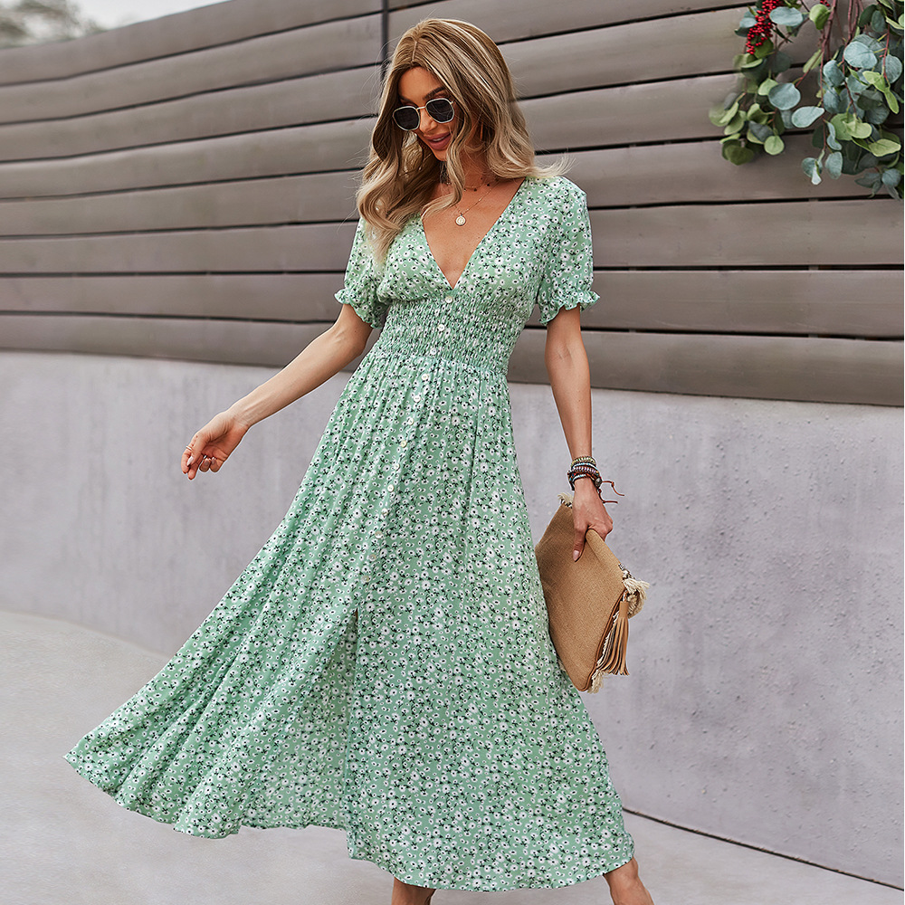 Fashion Print Elastic Waist V Neck Swing Short Sleeve Maxi Dress