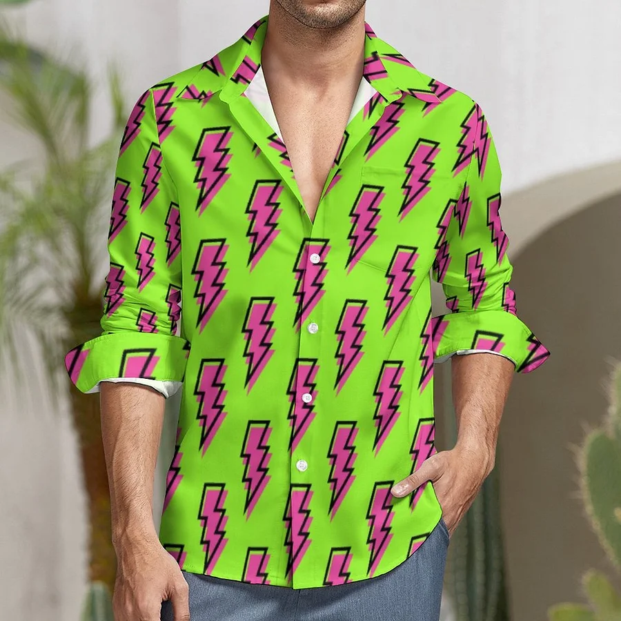 80s 90s Neon Green Pink Lightning Bolt Men's Casual Long Sleeve Button Down Pocket Shirt Pink-6XL