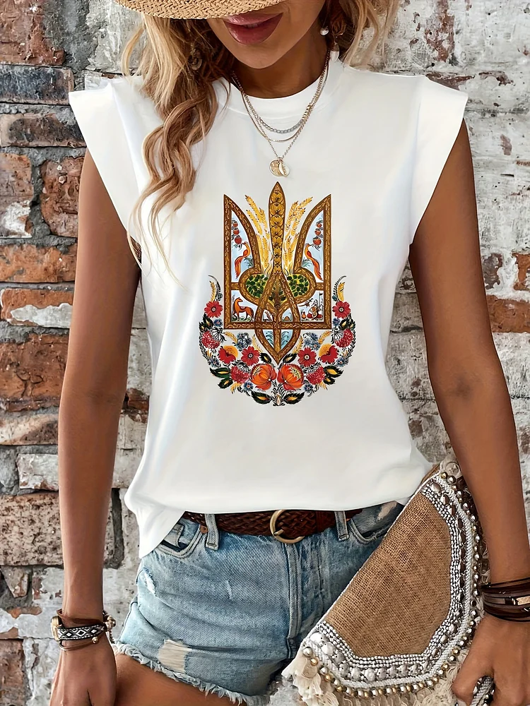 Women's Ukrainian Cultural Graphic Tee - Traditional Trident Emblem - Soft Crew Neck T-Shirt - White Top With Golden, Red - Everyday & Special Occasion Ukrainian Apparel - Machine Washable Spring/Summer Shirt, Spring Fashion, Vibrant Print