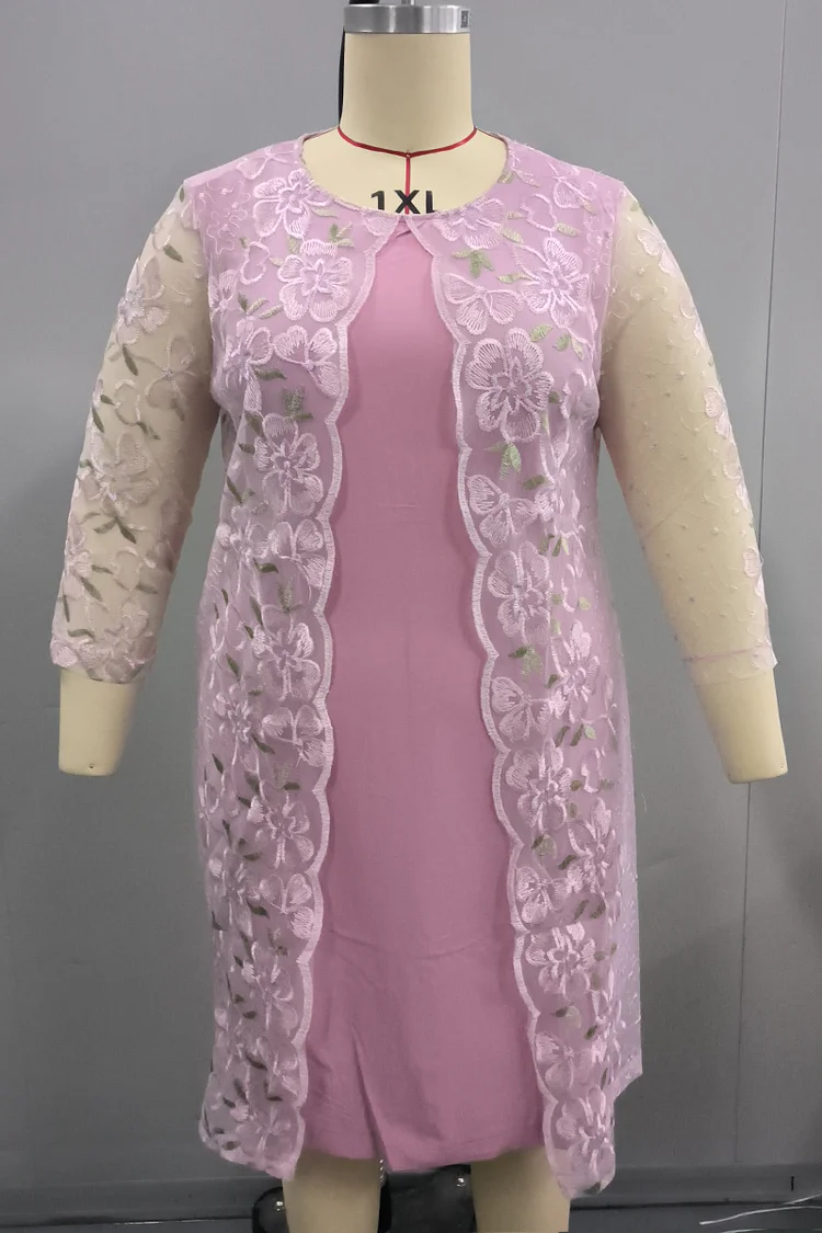 Plus Size Lace Stitching Round Neck 3/4 Sleeve Midi Dresses FlyCurvy Flycurvy [product_label]