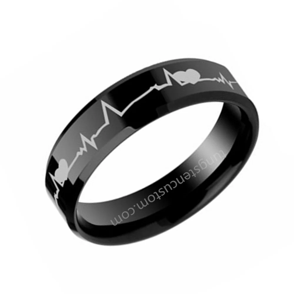 6MM 8MM Black Tungsten Heartbeats Of Love Couple Wedding Bands