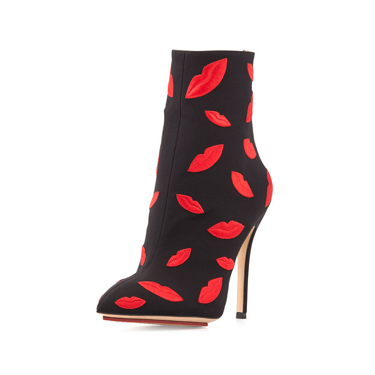 Black Ankle Boots Vegan Suede Lips Embroidered Stiletto Boots for Women |FSJ Shoes