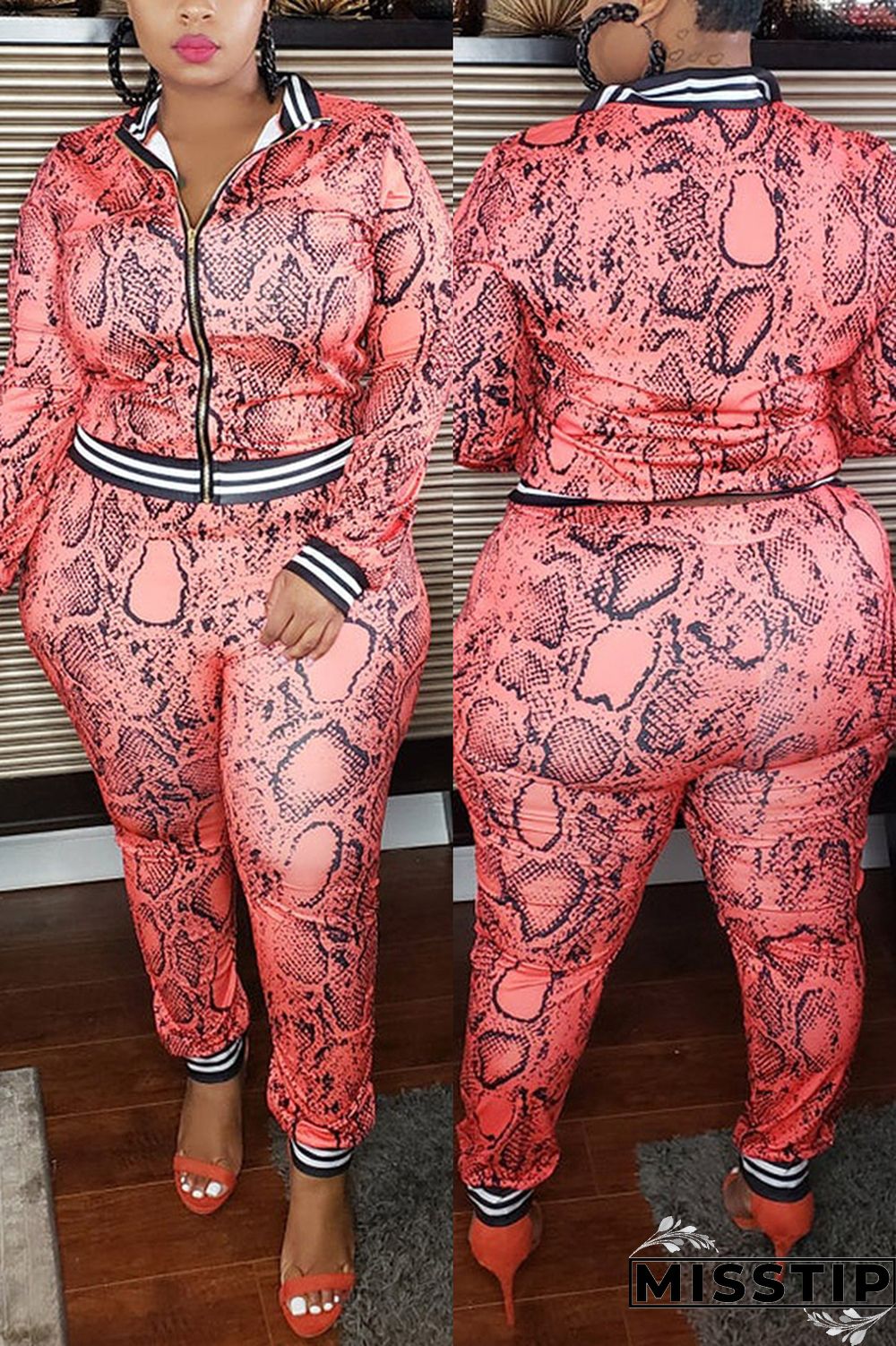 Pink Fashion Casual Zipper Collar Long Sleeve Regular Sleeve Print Plus Size Set Dress