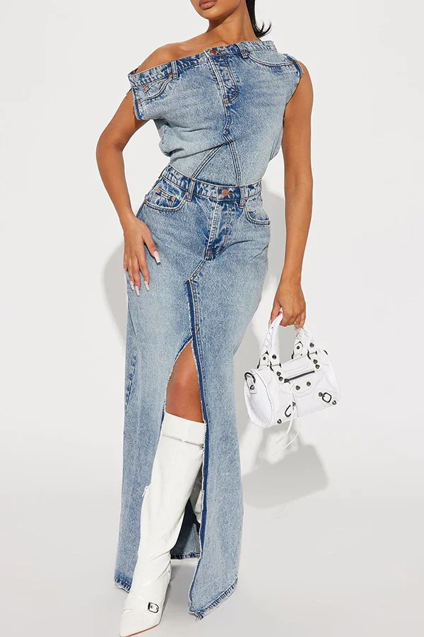 Guchioe Fashion Retro Slanted Shoulder Slit Denim Skirt Suit