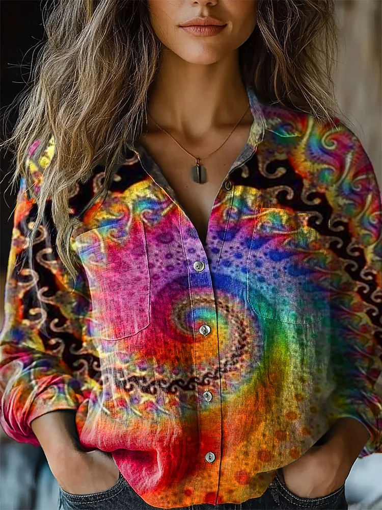 Women's Retro Tie Dye Print Casual Long Sleeve Comfortable Cotton Shirt
