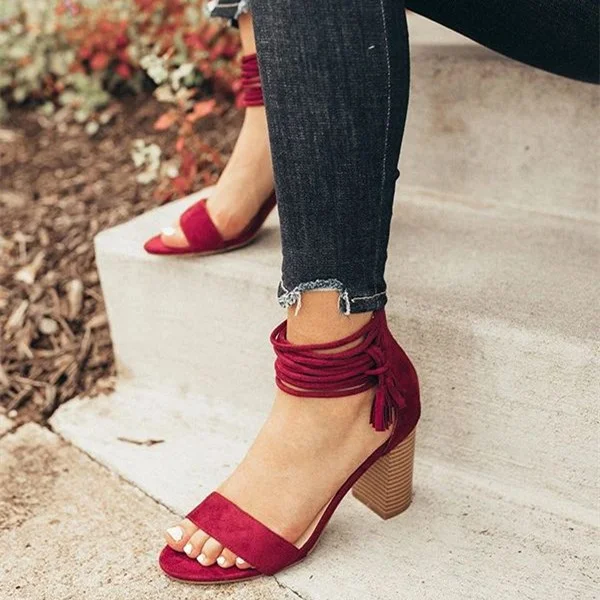 Dark Red Vegan Suede Fringe Strappy Block Heel Sandals |FSJ Shoes