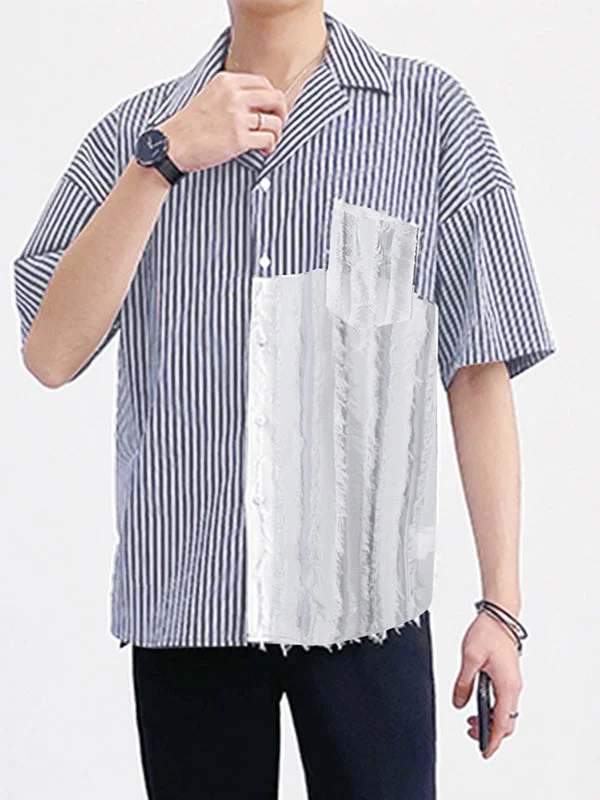 Aonga - Mens Striped Fringe Patchwork Camp Collar ShirtJ