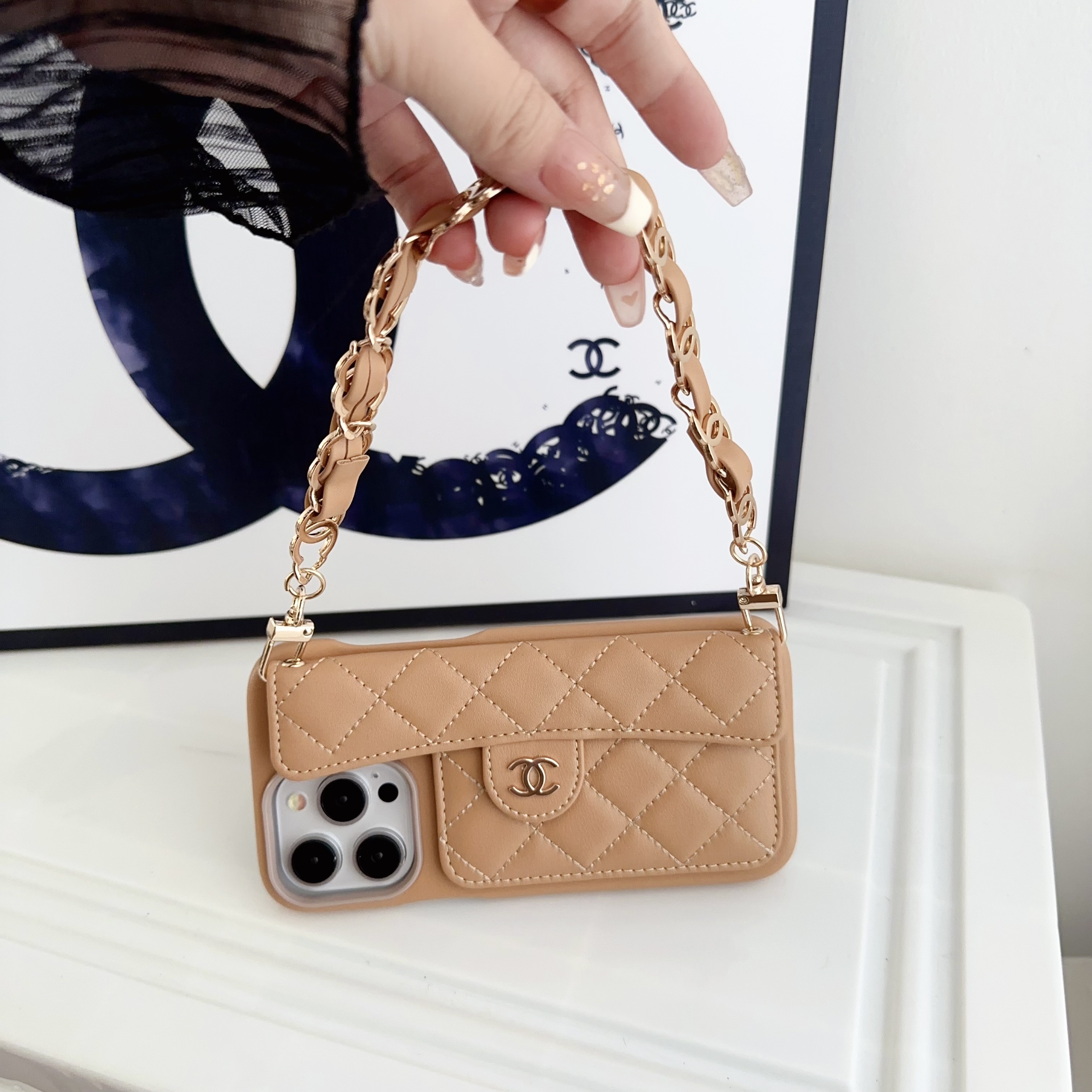Chanel Official Hand Chain Cardholder Leather iPhone Case Crossbody Cord