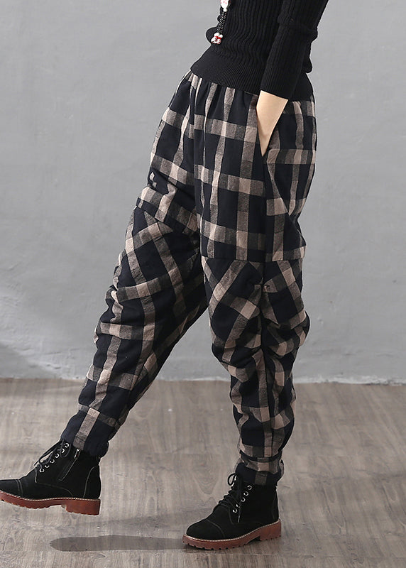 VCSHOES Loose Black Plaid Wrinkled Pockets Cotton Filled Pants Fall