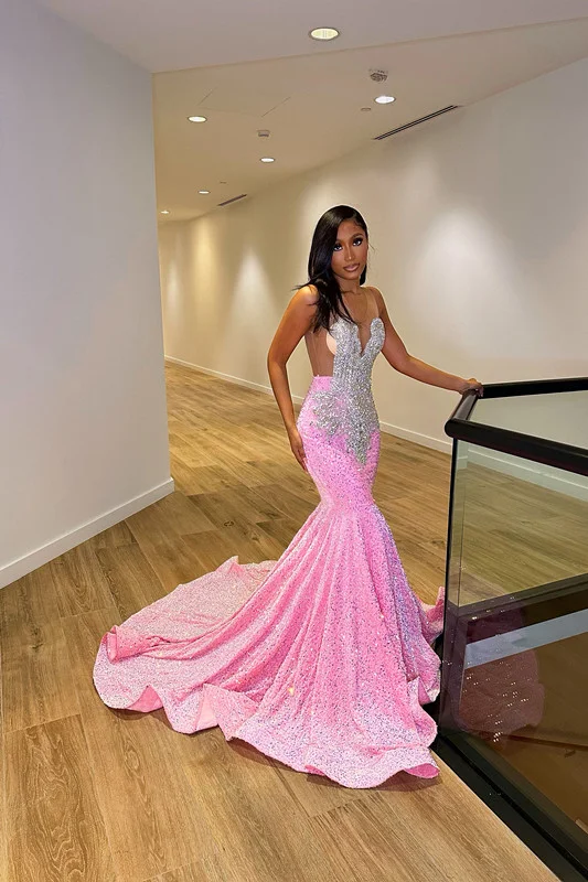 Glamorous Pink Straps Mermaid Beaded Prom Dress With Silver Sequins ...