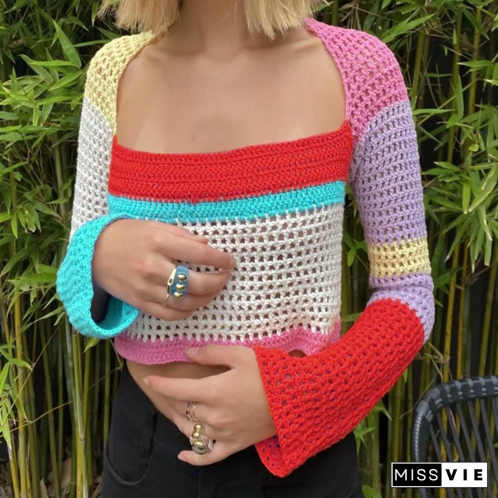 Women Striped Print Y2K Knitted Sweaters Autumn Loose Pullovers Streetwear Vintage Harajuku Cute Knitwear Retro Shirt