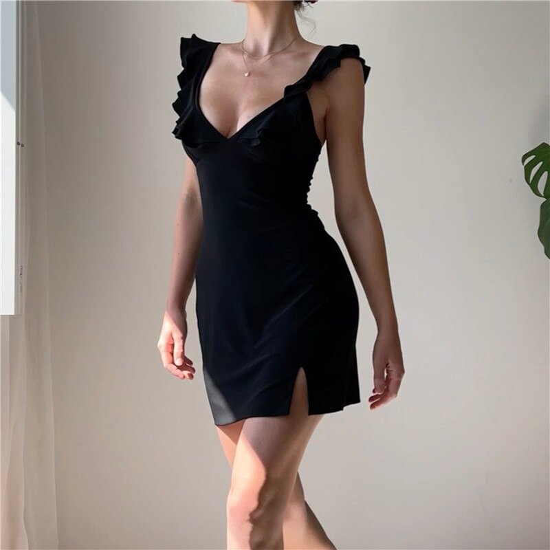 Churchf Low Cut V Neck Ruffles Bodycon Dress Solid Party Club Summer Backless Slim Dresses Holiday Clothes Aesthetic Ladies