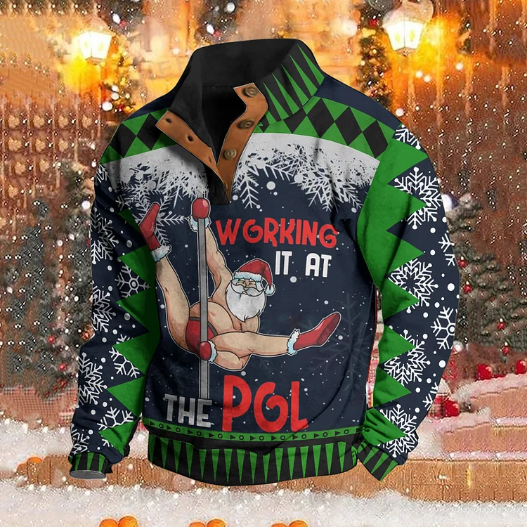 Funny Santa Pole Dance Ugly Christmas Working It At The Pole Pattern Men's Sweater