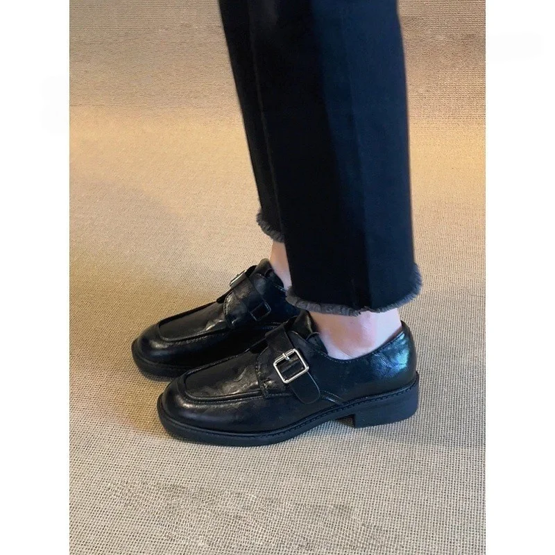 Breakj Breakj Belt Buckle Small Leather Shoes Women 2025 Coarse College Style Happy Shoes Lazy Single Shoes