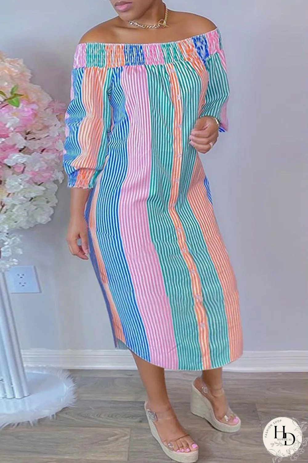 Pink Green Fashion Casual Striped Print Off the Shoulder Long Dress