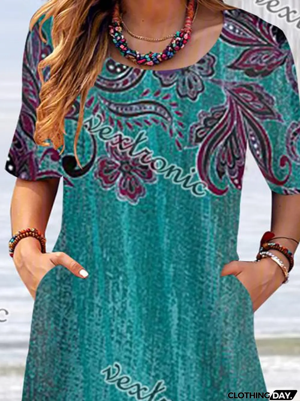 Women Short Sleeve Scoop Neck Floral Printed Graphic Dress